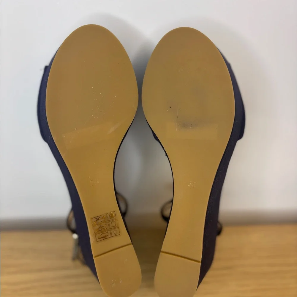 Paule Ka Women's Blue Denim Look and White With Black‎ Straps Wedge Sandals